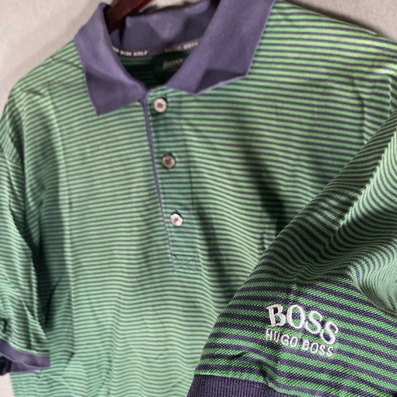 Hugo Boss Golf Green Striped Polo Shirt  Cotton Designer Made In Italy Mens XL - Picture 1 of 8